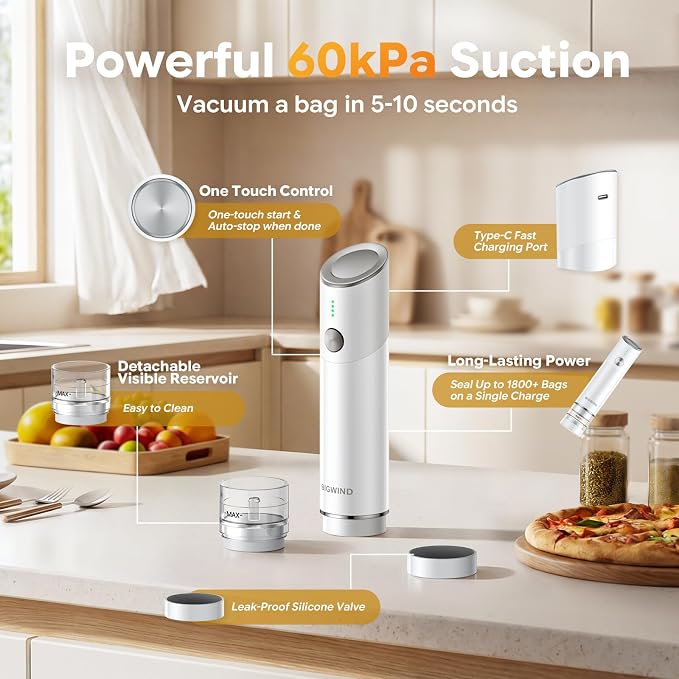 Compact Vacuum Sealer for Food (Vacuum Sealer Machine + 45 Reusable Vacuum Bags) Powerful Portable Vacuum Sealer with Detachable Visible Reservoir, Handheld Food Vacuum Sealer for Travel & Kitchen