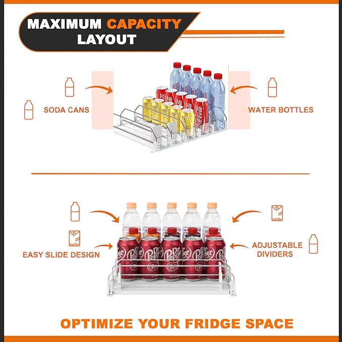 Drink Organizer For Fridge Large Capacity 5 Row Soda Can Organizer, Automatic Pusher Glide with Removable Dividers For Drink Organizer, Can Holders For Fridge, Space-Saving Can Dispenser For Kitchen