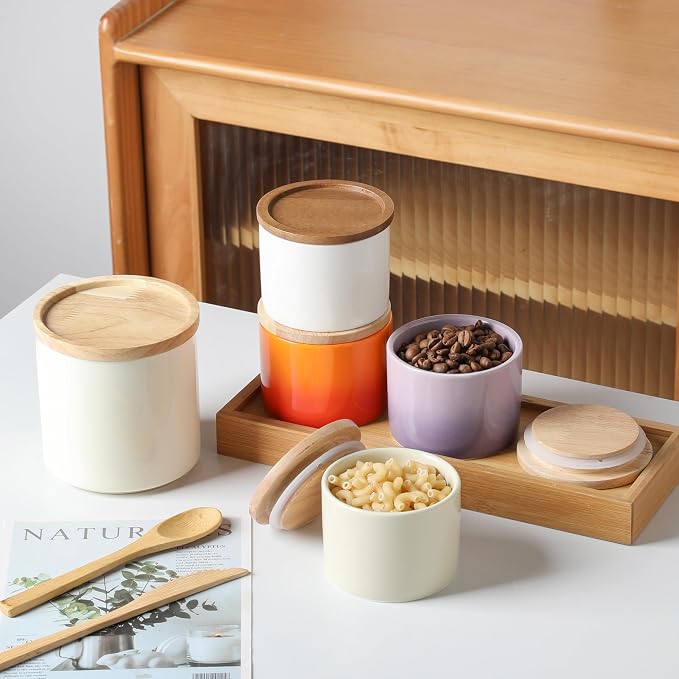 Sweejar Kitchen Canisters Ceramic Food Storage Jar, Stackable Containers with Airtight Seal Wooden Lid for Serving Ground Coffee, Tea, Sugar, Salt and More - 16 Fl Oz (Beige)