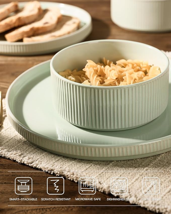 Famiware Star 24-Piece Stoneware Dinnerware Set for 6 – Shallow Pasta Bowls & Flat Plates – Modern Rustic Dishes, Everyday & Formal Use – Chip & Scratch Resistant, Microwave & Dishwasher Safe, Green