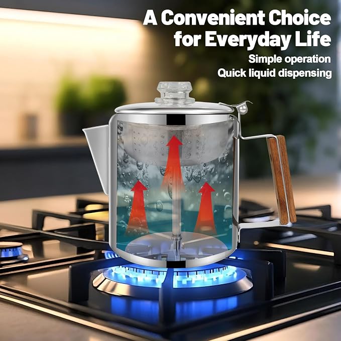 9 Cup Percolator 304 Stainless Steel Coffee Pot Coffee Maker Coffee Machine with Solid Wood Handle Transparent Knob Stovetop Greca Mocha for Induction Home and Camping 1500ml 50.7oz