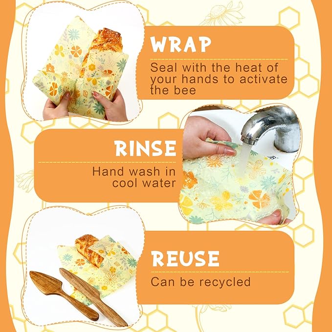 3 Rolls Beeswax Wraps for Food 13'' x 59'' Bees Wax Wraps Reusable Bees Beeswax Storage Wrap for Food Sustainable Honeycomb Floral Organic Cotton Wrap for Bread Sandwich Cheese Fruit