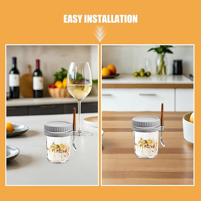 FUOYLOO 4pcs Glass Food Storage Jars with Airtight Lids and Spoons 350ml Reusable Yogurt and Overnight Oats Containers for Breakfast Meal Prep in Gray and White