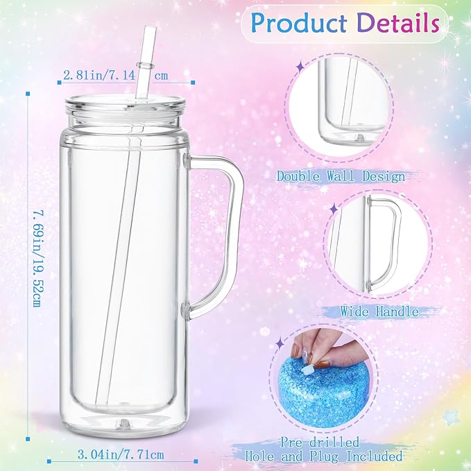 20 Oz Acrylic Snow Globe Tumbler Cup with Handle, Double Wall Plastic Snowglobe Tumbler with Pre-Drilled Hole and Plug for Glitter DIY, 4 Pack