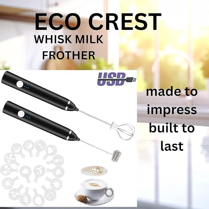 ECO CREST-Premium Whisk Milk Frother – Handheld Electric Coffee Frother with Adjustable Speed | ABS + Stainless Steel Build, 1200mAh Rechargeable Battery