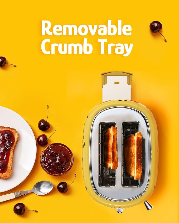 Hazel Quinn X Eduardo Recife Collaboration 2-Slice Retro Toaster, 6 Browning Levels, 3 Functions-Defrost/Reheat/Cancel, Removable Crumb Tray for Easy to Clean, 1.5 Inches Extra Wide Slots