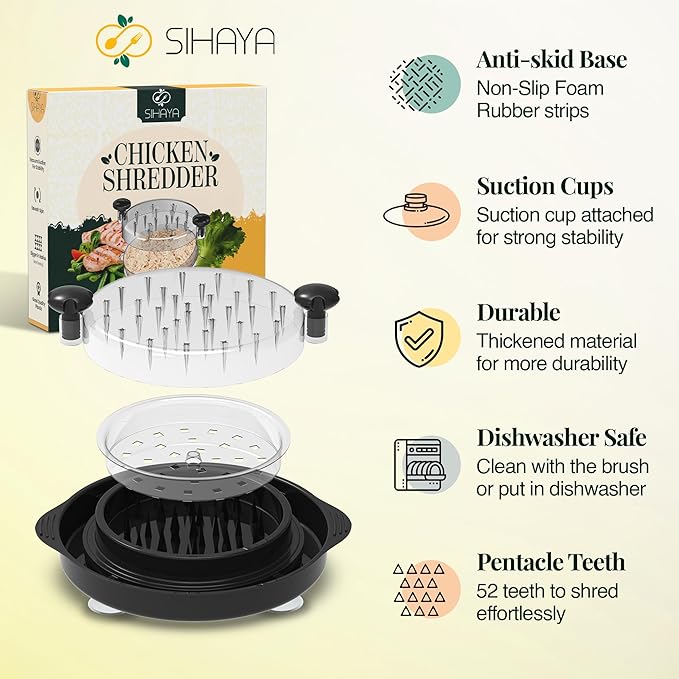 SIHAYA Large Chicken Shredder Tool Twist – 11 Inch, Suction Cups, Visible Lid, Removable Tray, Tongs & Brush – Strong and Food Grade Safe for Chicken, Birria, Beef – Dishwasher Safe