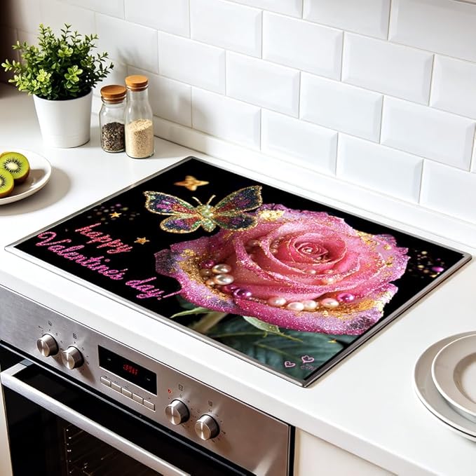 Stove Top Cover for Electric Stove 28.4 x 20.5 Inch Non Slip Stove Mat Oil Proof Valentine Rose Glass Cooktop Protector Kitchen Counter Mat