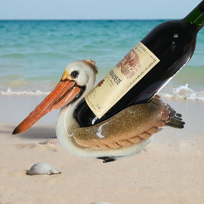 Beach Themed Tabletop Wine Rack: Coastal Nautical Decor for Home Party Bedroom - Pelican Wine Bottle Holder for Kitchen Beachy Rooms Table Shelf Cabinet Ocean Sea House Decorations