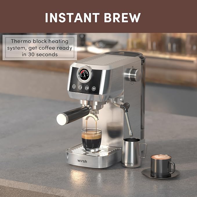 wirsh Espresso Machine,20 Bar Semi-Automatic Espresso Maker with Milk Frother Steamer&Touch Screen,Compact Stainless Steel Expresso Machine for Latte & Cappuccino,42oz Tank,UPGRADE
