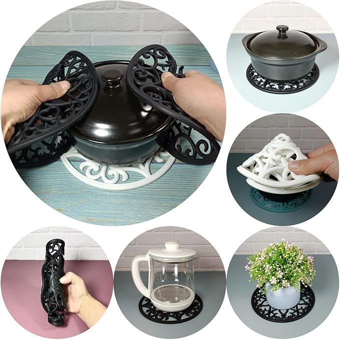 Silicone Trivets for Hot Dishes Modern, Trivets for Hot Pots and Pans, Silicone Hot Pads for Kitchen, Round Pot Holders 6 Pack Black, Multi-Use Intricately Carved Mats