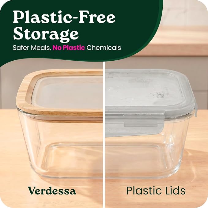 2-Pack-87.7 Oz Large Glass Food Storage Containers with Clear-Top Bamboo Lids – Plastic Free Glass Meal Prep Containers for Lunch, Eco Friendly Airtight, Microwave & Freezer Safe