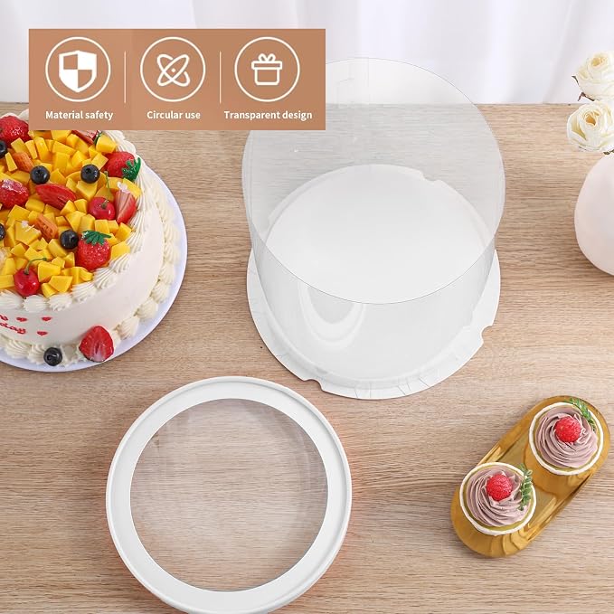 JCD 6Pcs 8.5 * 9.5inch Round clear cake boxes with Ribbon,Ideal for 7inch and 6inch Tall Layer Tiered Cakes,Multi-Layer cake boxes for Christmas Bakery Treat (box, Clear Lid, Round 8.5inch/6Pcs)