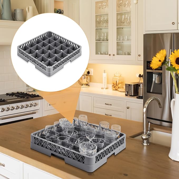 Aurelema Commercial Dishwasher Tray Rack, Commercial Dish Drying Rack, Polypropylene Full Size Flatware Tray for Hotel Canteen Kitchen Restaurant Tableware Plate and Bowl(25 Grid,Gray,1 Pack)
