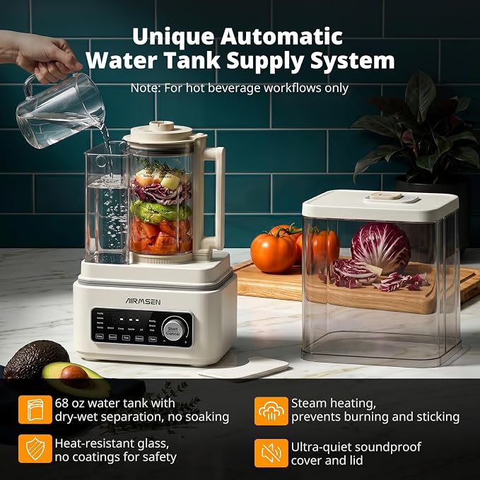 AIRMSEN 11-in-1 Steam Heating Glass Blender for Kitchen, 1200W Professional Countertop Blender with 68oz Removable Water Tank for Smoothies, Milkshakes, Juices, Soups and Sauces, Easy to Clean, White