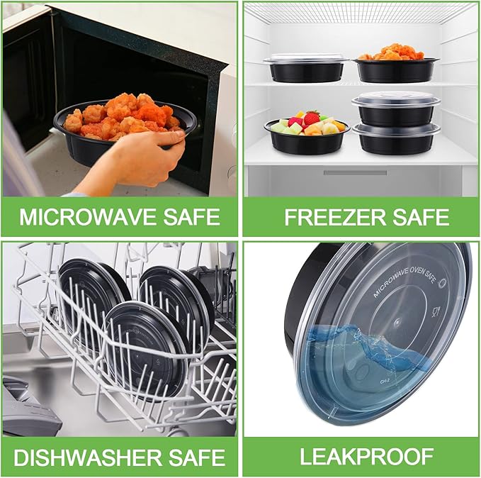 Nuenen 100 Pcs 16 oz Round Meal Prep Containers with Lids Plastic Containers Meal Prep Lunch Box Bowls Take out Food Storage Bento Box Microwavable Freezer Safe(Black)
