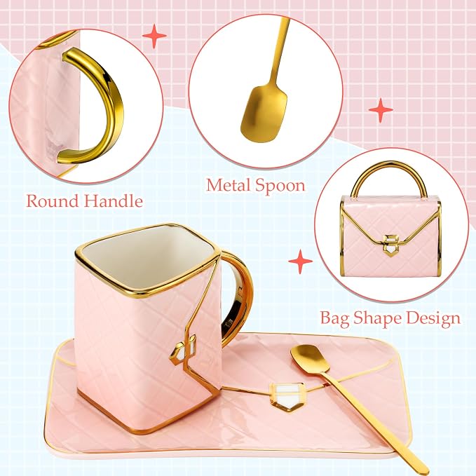 Nitial 2 Sets Handbag Shaped Mug and Saucer Set 10 oz/ 310 ml Ceramic Coffee Mug Purse Tea Cup with Saucer Spoon for Office Home Coffee(Pink, Blue)