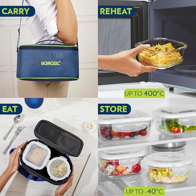 Borosil Blue Universal Glass Lunchbox 320 ml x 2 (+) 240 ml x 2