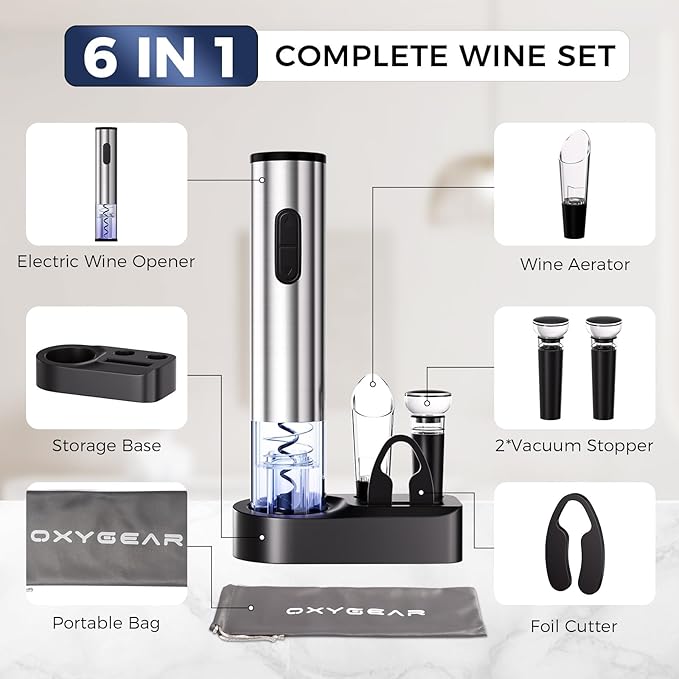 6-in-1 Electric Wine Opener, Battery Operated Automatic Wine Opener with Foil Cutter, Aerator, Vacuum Stopper & Base, One-Touch Operation, Stainless Steel, Sliver, Perfect for Home Bar, Gifts, Outdoor