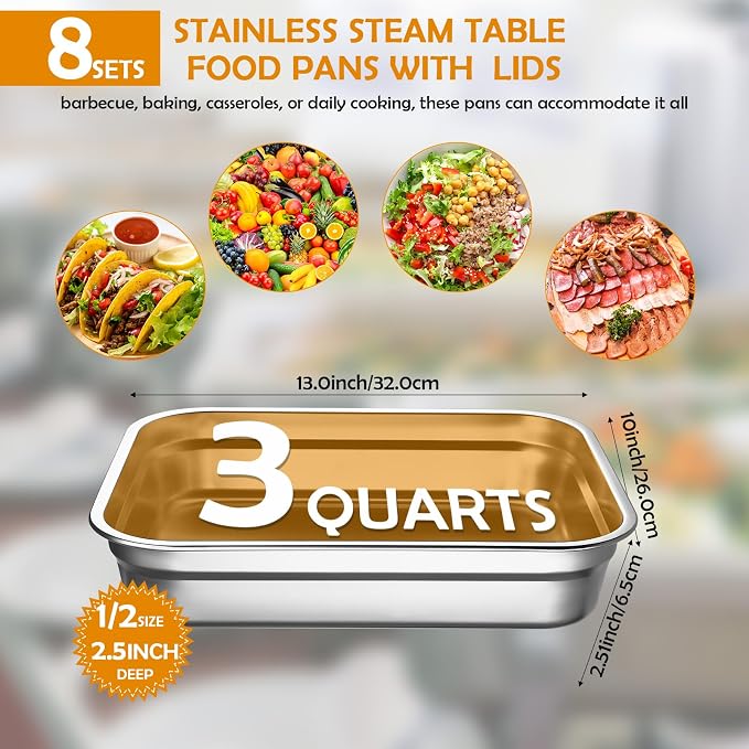 8 Pcs 304 Stainless Steel Food Storage Containers with Lids Hotel Pans Chicken Food Grade Pans Metal Meal Containers for Restaurant Stackable Kitchen Freezer Buffet (2.6 Inch Deep)