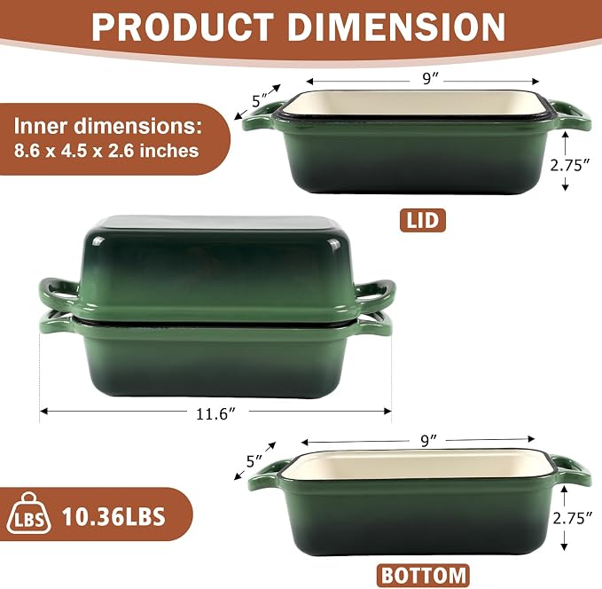 9 x 5 Inch Bread Pan Enameled Cast Iron Loaf Pan with Lid for Baking, 2 in 1 Non-stick Sourdough Bread Loaf Pan for Homemade Bread, Oven & Stovetop Safe for Gas, Electric & Induction, Green