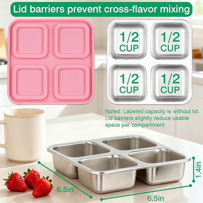 4 Pack Stainless Steel Snack Containers with Lids, Lunchable Container 4 Compartment Snack Containers, Small Bento Lunch Box Divided Food Storage for Portion Control Meal Prep Reusable Snackle