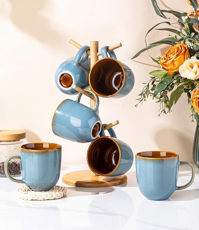 LERATIO Ceramic Coffee Mugs Set of 6,12oz Handmade Coffee Mugs Set with Large Handle for Cappuccino/Latte/Tea/Hot Cocoa,Dishwasher & Microwave Safe-Ocean Blue