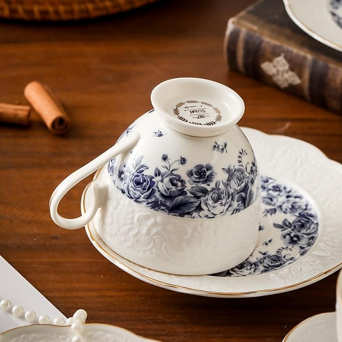 TATSUMI Interglio Embossed Bone China Tea Cup and Saucer Set, 3 Pieces Vintage Style Coffee Cup & Saucer Set For Women Wedding Gift (Starry Sky Rose, 1 set)