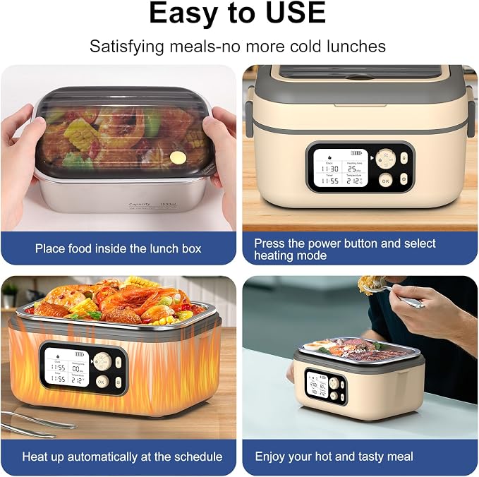 Cordless Electric Heated Lunch Box, 1.5L - 6.3 Cups 100W Rechargeable Smart Self-Heating Food Warmer with Removable Divider, Spoon, Fork, BPA Free, Portable Lunchbox for Car Travel Office Yellow