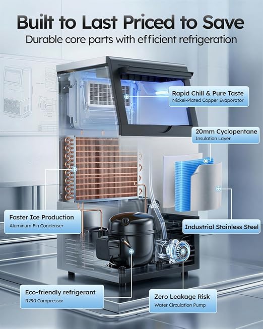 Mojgar Commercial Ice Maker Machine, 100lbs/24H with 33lbs Ice Storage Under Counter Ice Machine, Stainless Steel Built-in Freestanding Ice Maker Self-Cleaning for Home Bar