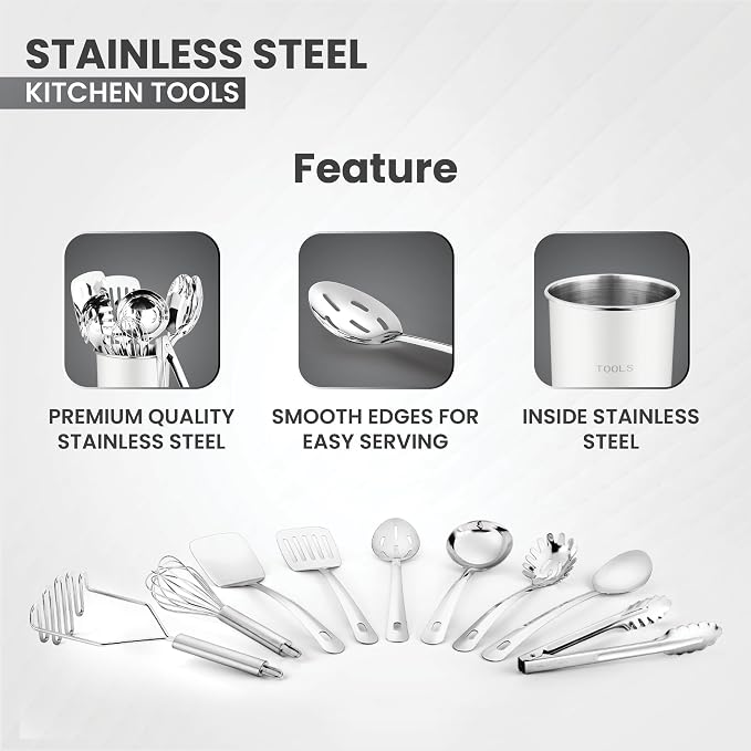 Avador® Premium Set of 10 Stainless Steel (WHITE HOLDER) Kitchen Tool Set with Holder Easy To Clean, Space Saving, Great for Cooking, Baking, Prepping (WHITE)
