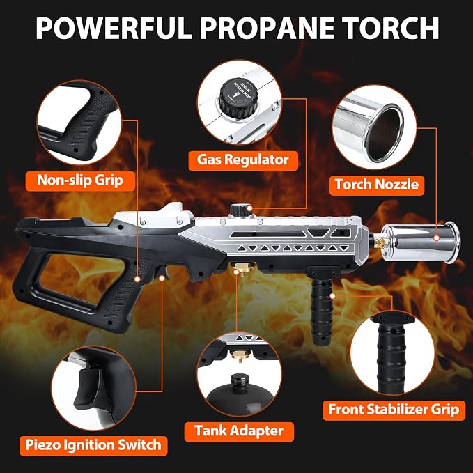 Propane Torch Gun, Flamethrower Blow Torch with Adjustable Flame, Multipurpose Cooking Torch for BBQ, Searing Steak, Camping, Charcoal Lighter & Small Welding (Tank Not Included)