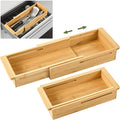 LemonRoad 2 Pcs Sliding Drawer Organizer Bin Bamboo Drawer Expandable Bins Utensil Organizer for Kitchen Spoons Forks Knives (Wood)
