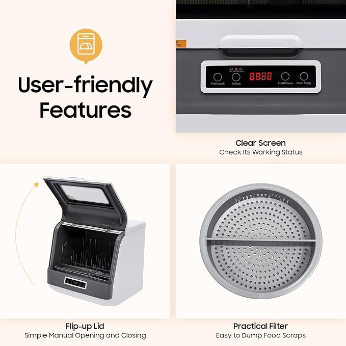 Countertop Dishwasher, 3 Washing Programs Portable Mini Dishwasher with Water Hose for Apartments, RVs, Boats, 360° Rotation Flushing, Hot Air Drying
