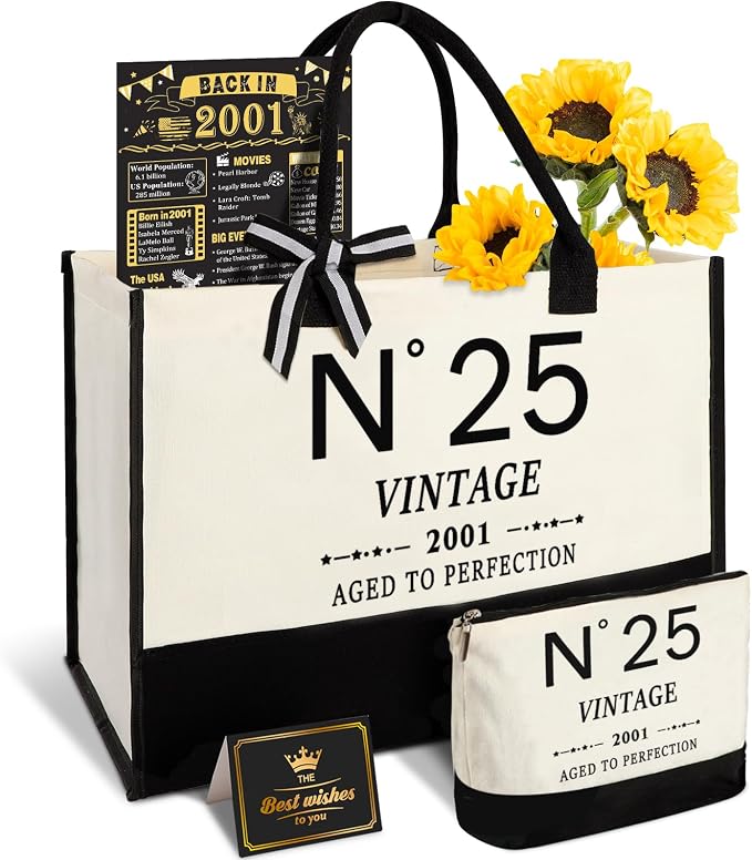 25th Birthday Gifts for Women Canvas Tote Bag Travel Gear,Unique 25 Years Old Gifts for Girlfriend Sister Coworker Friends Classmate Her, Vintage N°25 Handbag & Cosmetic Bag & Back in 2001 Poster
