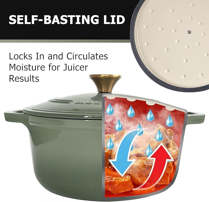 MUELLER HOME 7.5 Quart Enameled Cast Iron Dutch Oven For Sourdough Bread Baking, Heavy-Duty, Oven-Safe up to 500° F & Across All Cooktops, Casserole Dishes, Green Kitchen Accessories, Thyme Green