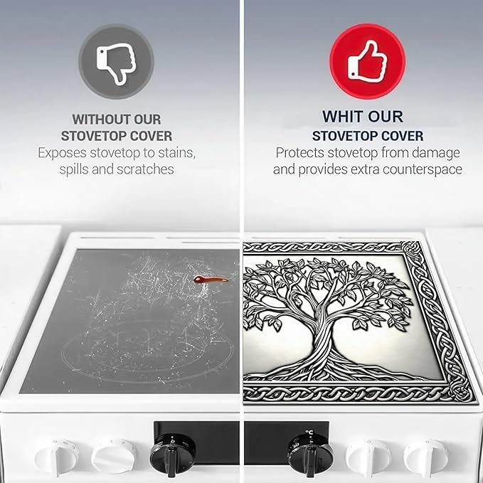 HOMETITUTE Tree of Life Stove Top Cover for Electric Stove Silver Embossed Celtic Design Dish Drying Mat 28x20 Inch Decorative Kitchen Protector Fit Under Coffee Maker