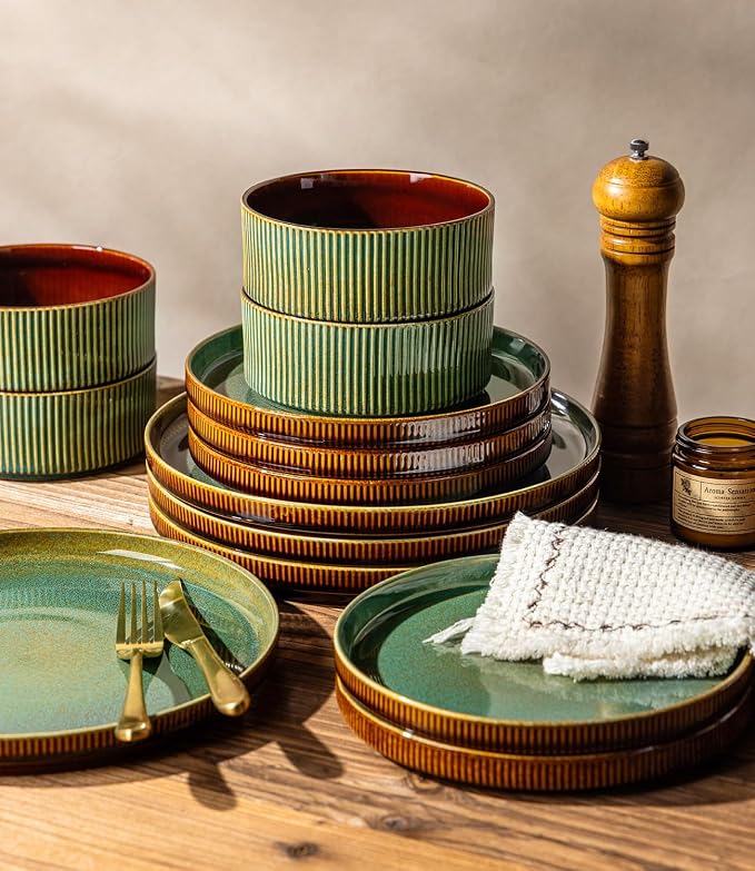 GBHOME Stoneware Dinnerware Sets for 4, 12 Pieces Lightweight Ceramic Ribbed Plates and Bowls Set, Reactive Glaze Stackable Plate Sets,Scratch Resistant Dishes,Microwave & Dishwasher Safe,Maroon Olive