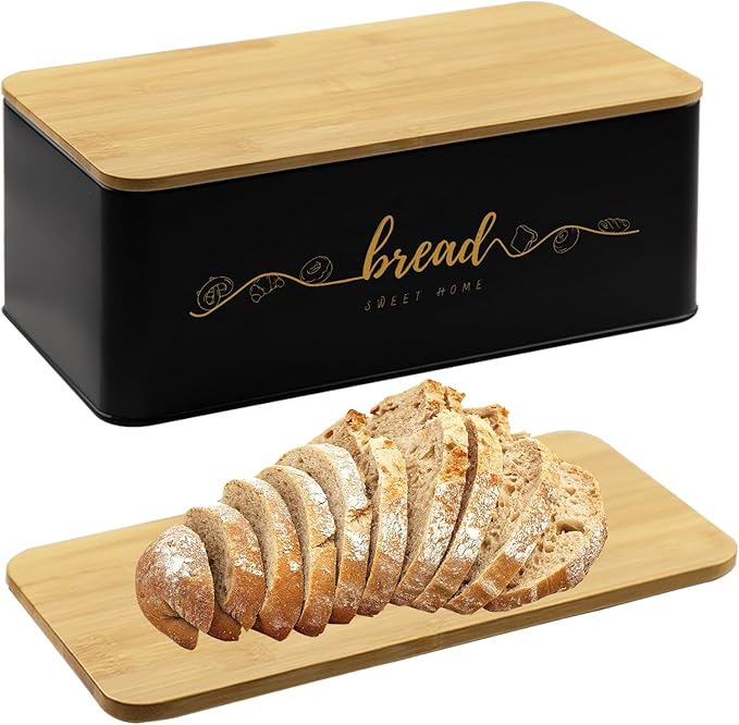 Bread Box with Bamboo Cutting Board Lid, Metal Bread Box for Kitchen Counter, Small Bread Storage Container, Black Bread bin for Kitchen Countertop