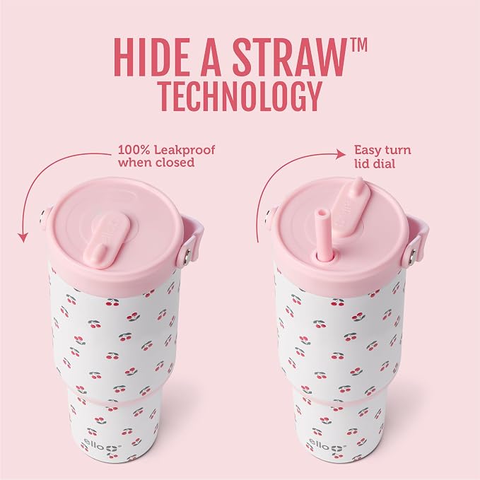 Ello Oasis Go+ 26oz Tumbler with Top Handle and Retracting Straw | Reusable Insulated Stainless Steel Cup, 100% Leakproof Water Bottle, 24 Hours Cold, Cup Holder Friendly For Travel | Cherries Jubilee