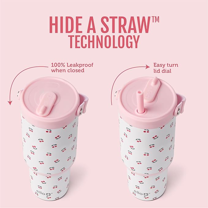 Ello Oasis Go+ 32oz Tumbler with Top Handle and Retracting Straw | Reusable Insulated Stainless Steel Cup, 100% Leakproof Water Bottle, 24 Hours Cold, Cup Holder Friendly For Travel | Cherry Jubilee