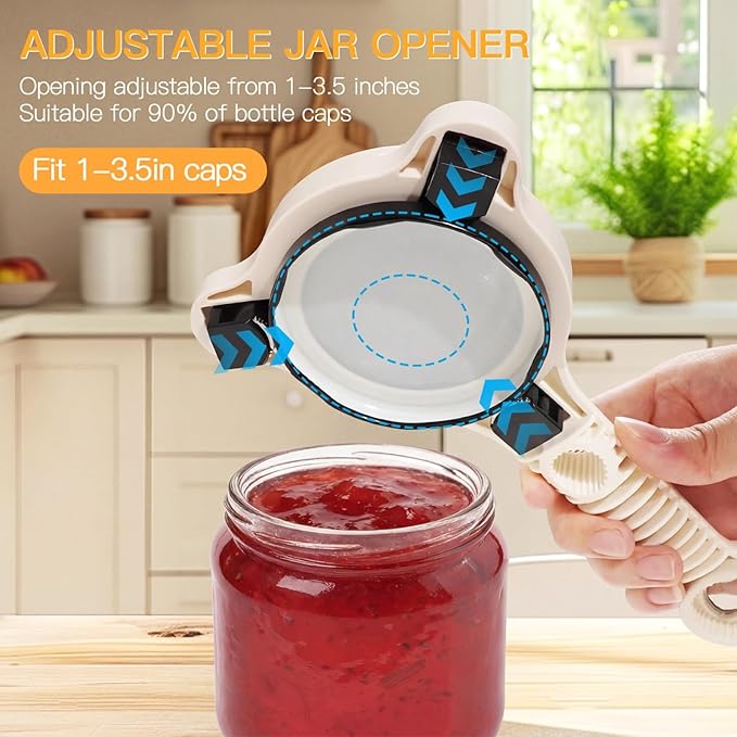 4-in-1 Multi-Functional Jar and Bottle Opener, Adjustable Stainless Steel Lid Remover for Weak Hands & Seniors, Fits Kitchen Jars, Bottles, Cans (Beige)