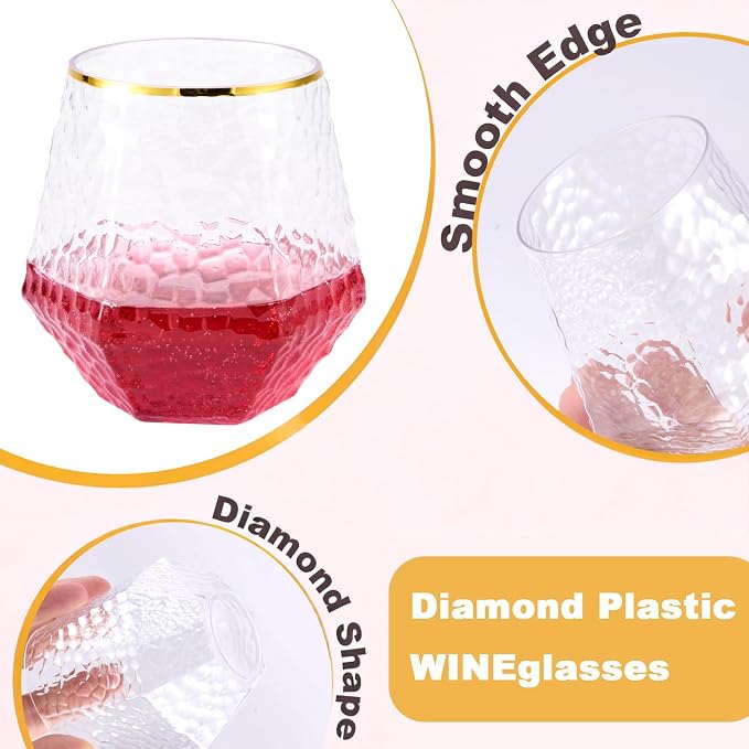Goodluck 40 PCS Diamond Stemless Plastic Wine Glasses, 12 Oz Disposable Fancy Plastic Cups, Suitable for Weddings, Birthday Parties, Family Gatherings, Bars, etc （Hammered Gold rimmed cups）