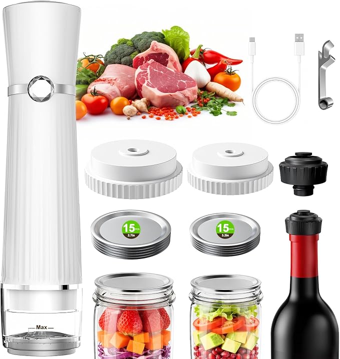 Vacuum Sealer for Food (Compact Vacuum Sealer Machine + 30 Mason Jar Lids), Portable Food Sealer, Seal Meal Saver for 10X Preservation & Fresh