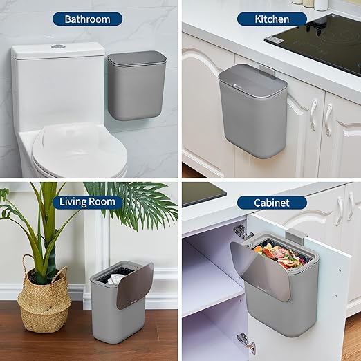 Hanging Kitchen Trash Can with Lid - 2.4 Gallon Small Compost Bin for Cabinet Door, Under Sink - Odor-Sealing Stainless Steel Top Food Waste Bin for RV, Bathroom, Office - Indoor Recycling Bin