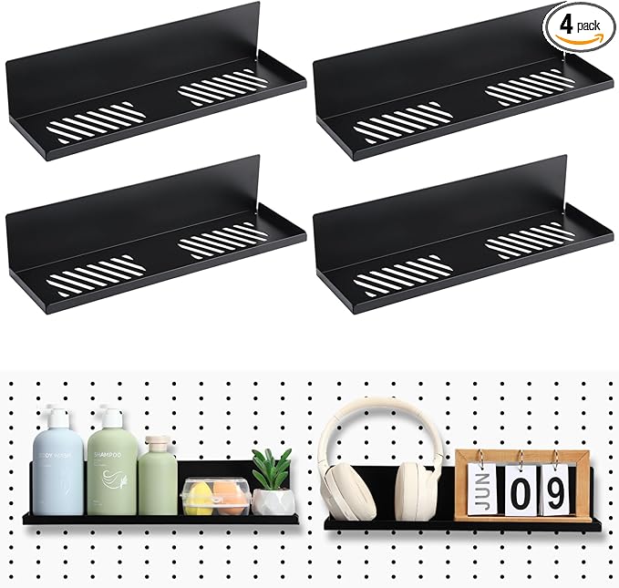 Therwen 4 Pack Magnetic Pegboard Shelves Wall Organizer Metal Pegboard Shelf Steel Tray Accessories Organizing Tools for Craft Home Kitchen(16 x 4.7 x 3.5 Inches,Black)