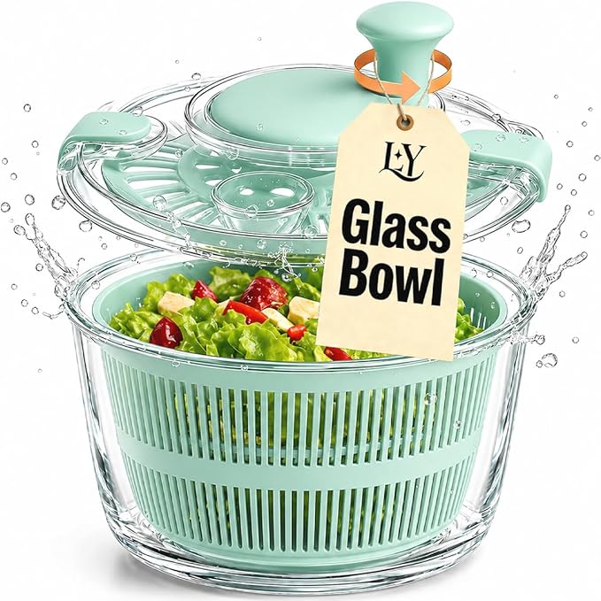 Large 5.2 Qt Glass Salad Spinner Vegetable Dryer with Drain Microwave Safe Dishwasher Safe with Transparent Lid Crank Handle Quick Spin Greens Washer for Lettuce Herbs Fruits