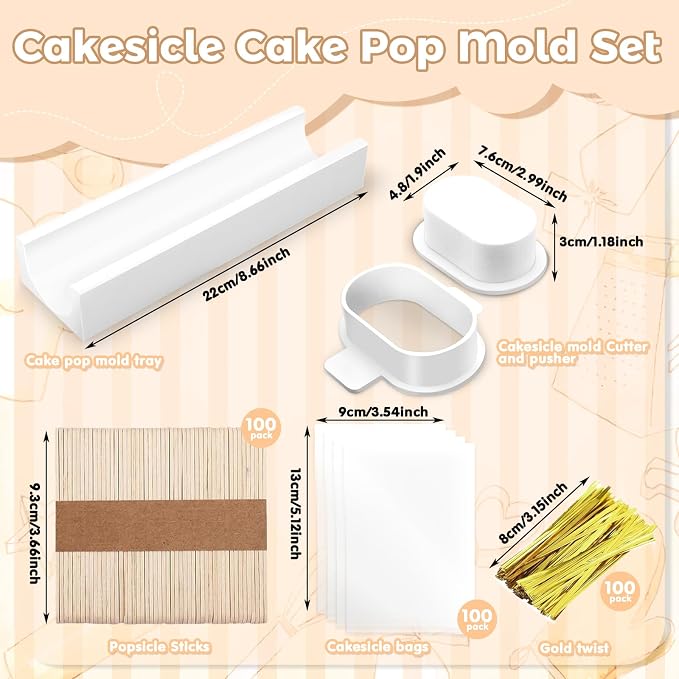 3 Inch Cakesicle Cutter and Cake Pop Mold Set with 8.7in Tray, 100 Wooden Sticks & 100 Bags, Silicone Cakesicle Mold for Homemade Cake Pops, Baking, Birthdays and Party Desserts (White)
