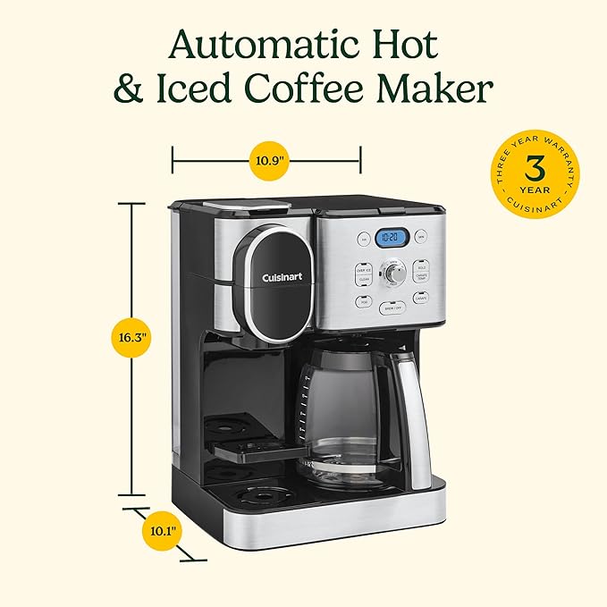 Cuisinart 12-Cup Coffee Maker, Single-Serve Brewer Glass Carafe, Automatic Hot & Iced Coffee Machine, Brew Strength Control and Pause, SS-16, Stainless Steel
