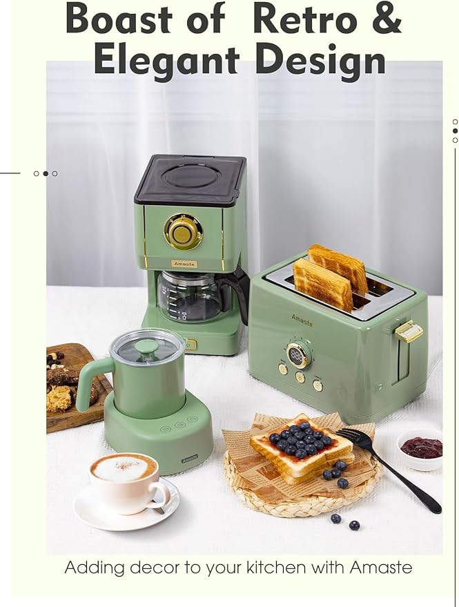 Amaste Drip Coffee Maker, Coffee Machine with 25 Oz Glass Coffee Pot, Retro Style Coffee Maker with Reusable Filter & Three Brewing Modes, Collapsible Silicone Coffee Cup,Warming Plate, Matcha Green